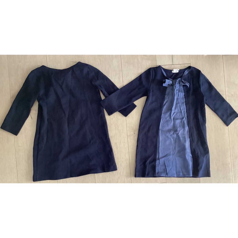 J CREW CREWCURS DRESS NAVY GIRLS 5 cotton blend silk trim bow long sleeve Twins?